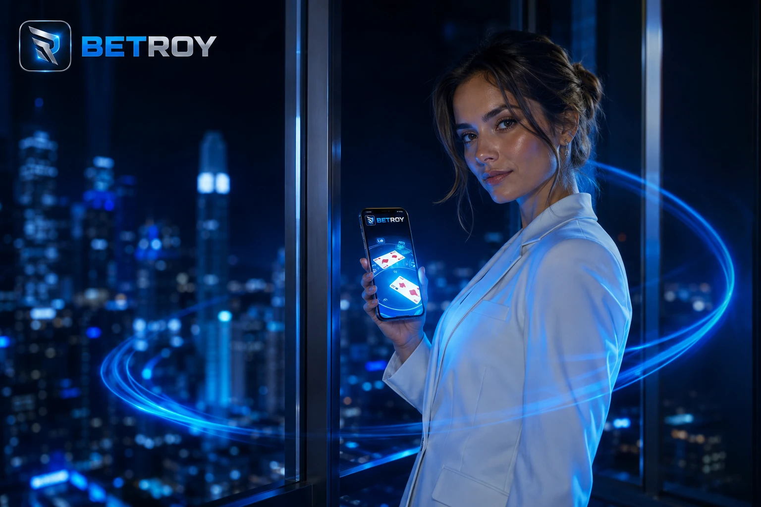 Betroy - beyaz ceketli kadın, gökdelen katından gece manzarasına karşı telefonuyla