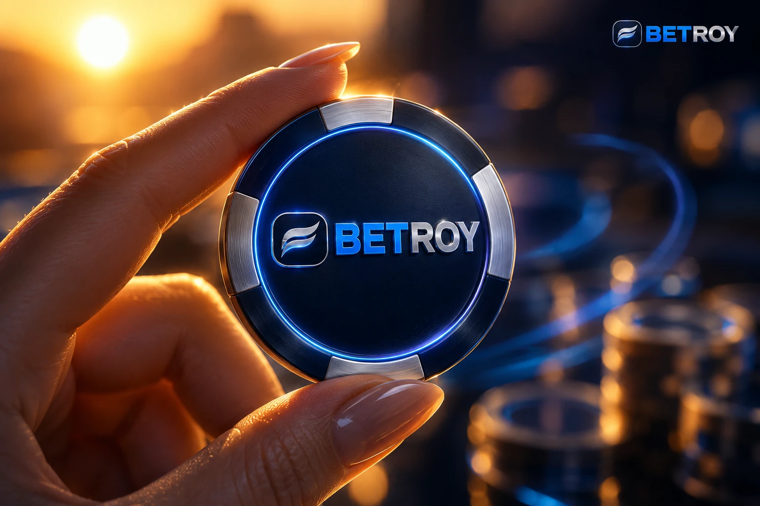 Betroy - gün batımında elinde casino fişi tutan kişi ve para yığınları