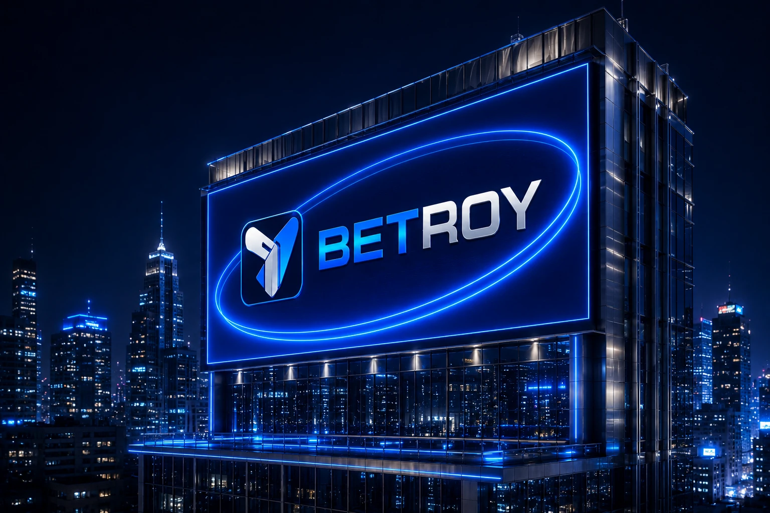 Gece şehir siluetinde, gökdelene kurulu mavi neon ışıklı dev Betroy reklam panosu