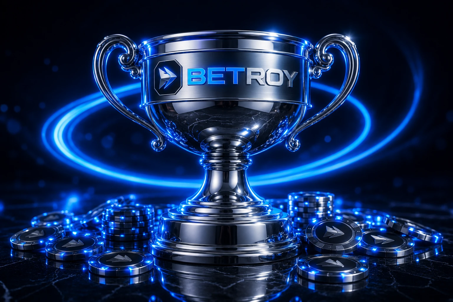 Betroy - mavi ışıkta gümüş kupa ve poker jetonları