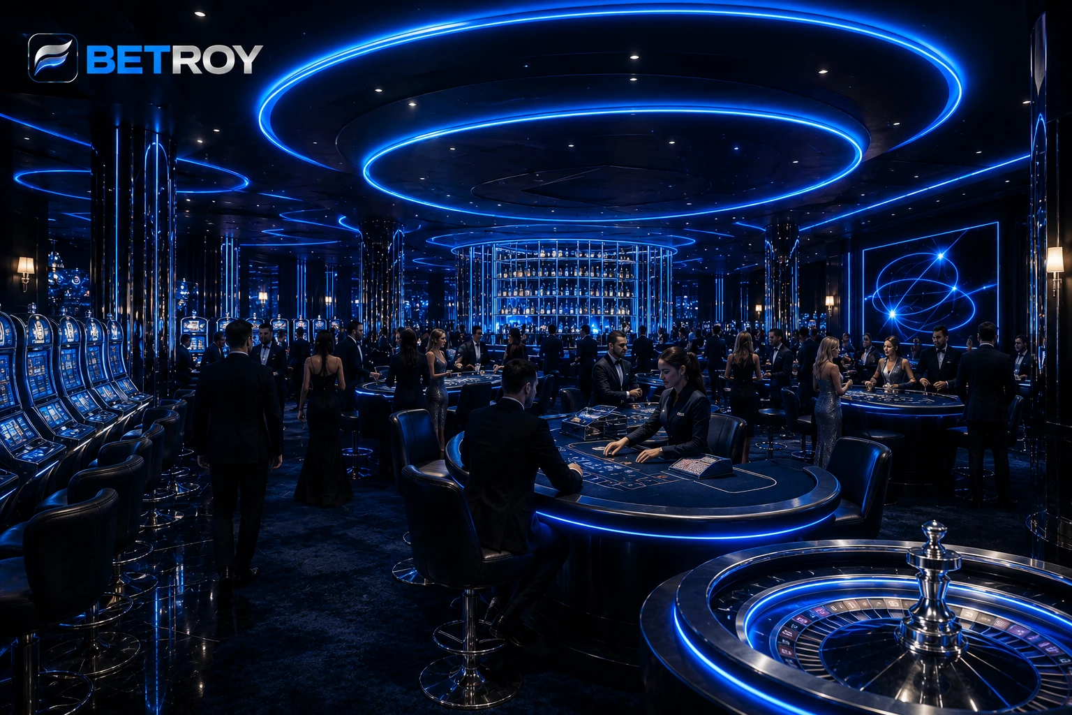 Betroy - mavi neon ışıklı lüks casino salonunda slot ve rulet