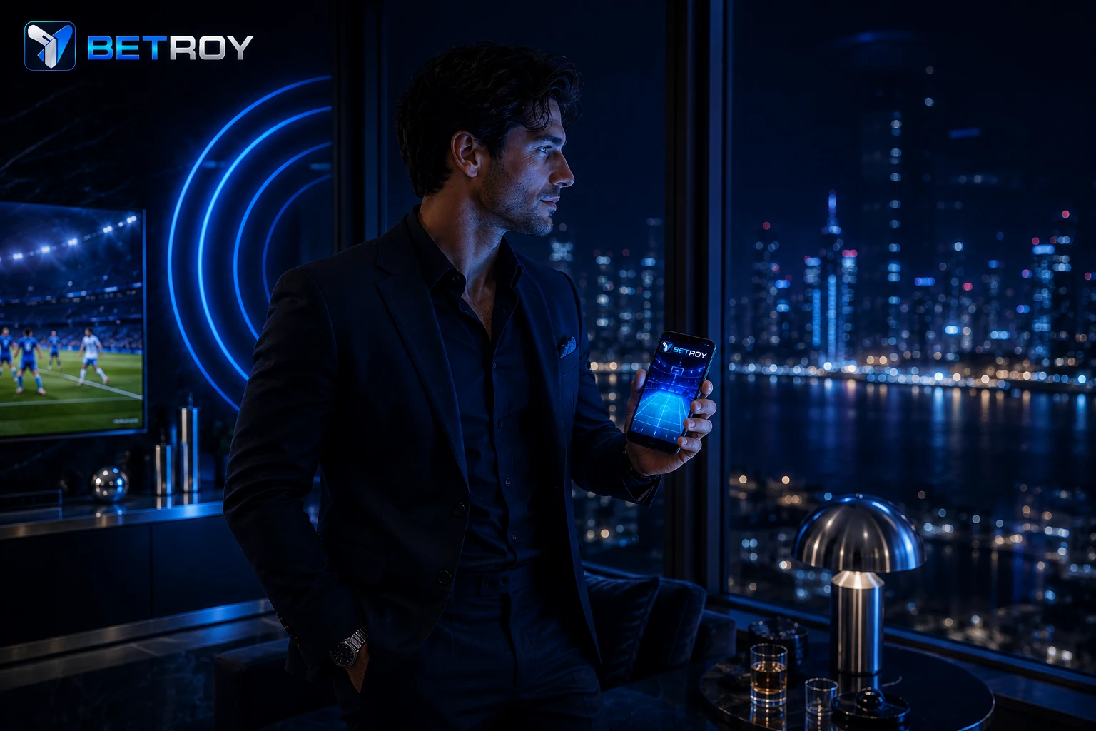 Betroy - şehir manzarasına karşı telefonuna bakan takım elbiseli adam